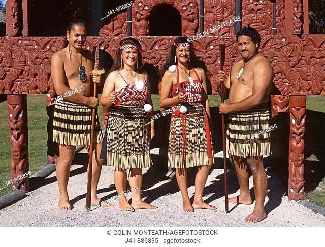 Maori poi dancers and warriors Whakarewarewa Rotorua New Zealand