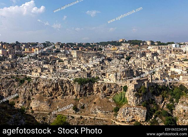 Panoramic view of Sassi di Matera a historic district in the city of Matera, well-known for their ancient cave dwellings from the Belvedere di Murgia Timone