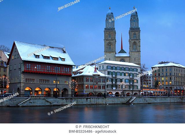 old town, Limmatquai with Guild houses and Grossmuenster, Switzerland, Zurich