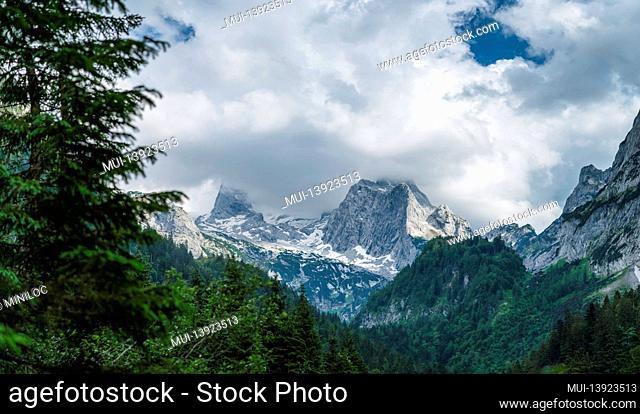 The Dachstein mountain range and visible glacier ice during summertime at Gosau, Upper-Austria, Europe