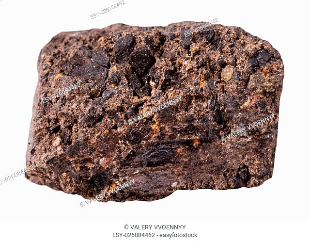 macro shooting of specimen natural rock - piece of peat (turf) mineral stone isolated on white background