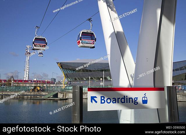 Emirates Air Line cable car in Docklands, servicing the east end of London, England, UK