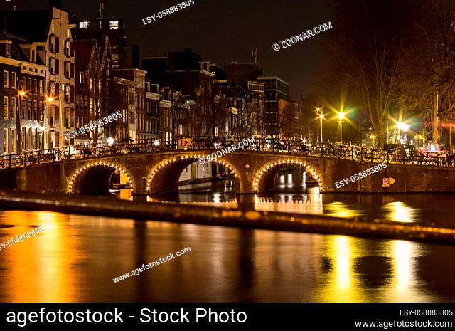 View of Canals in Amsterdam at night