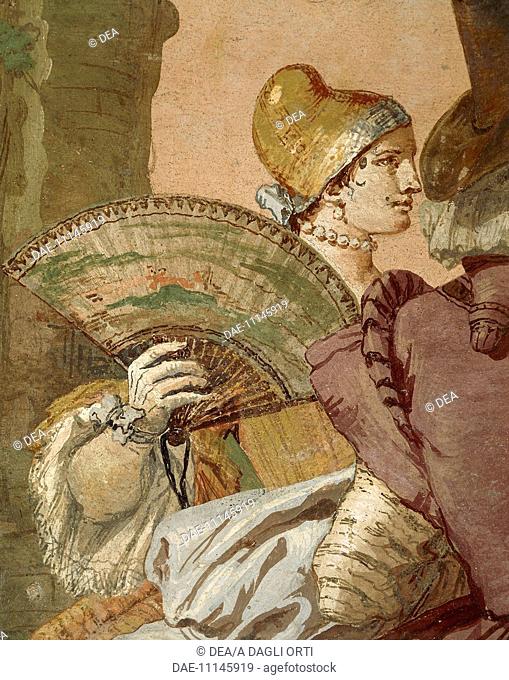 Female figure with a fan, detail from the Summer Stroll, 1757, by Giandomenico Tiepolo (1727-1804), fresco. In the Foresteria (Guesthouse) at Villa Valmarana...