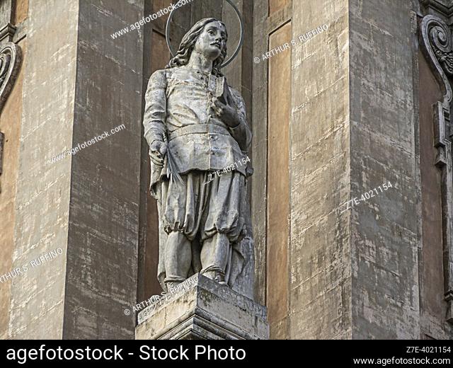 Statue on plinth around exterior of St. Mary of the Alms Cathedral (Pontificia Basilica Collegiata Maria SS. dell'Elemosina), Main Square