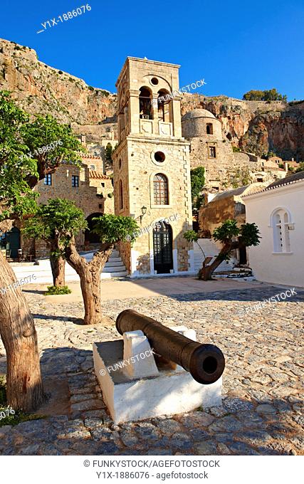 Monemvasia            , main square of the lower town with the bell tower of the Byzantine IGreek Orthodox Church of Christ Elkomenos  Peloponnese, Greece
