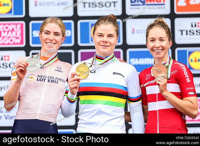 Dutch Demi Vollering, Belgian Lotte Kopecky and German Hannah Ludwig of Uno-X Pro Cycling Team pictured on the podium after the elite women road race at the UCI...