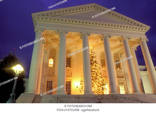 State Capitol, Richmond, State House, VA, Virginia, A large Christmas tree with white lights decorates the Virginia State Capitol at night for the holidays in...