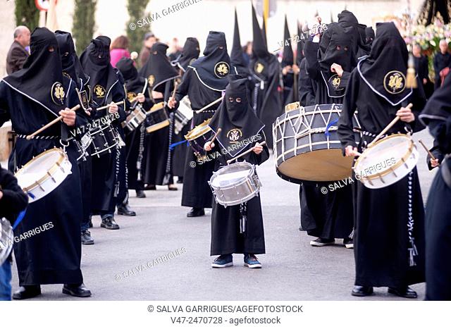 Brotherhood drumming in the Holy Week procession, Carcaixent, Valencia, Spain