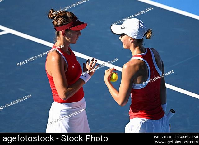 01 August 2021, Japan, Tokio: Tennis: Olympics, women's doubles, Krejcikova/Siniakova (Czech Republic) - Bencic/Golubic (Switzerland), final