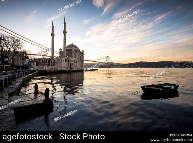 Exterior of Ortakoy Mosque and Bhosphorus bridge at dawn, Ortakoy, Istanbul, Turkey