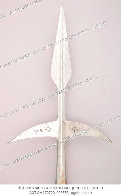 Spear, 15th century, Italian, Steel, wood, L. 94 1/2 in. (240 cm); L. of head 24 1/4 in. (61.6 cm); W. 13 3/8 in. (34 cm); Wt. 5 lbs. 8.4 oz. (2506