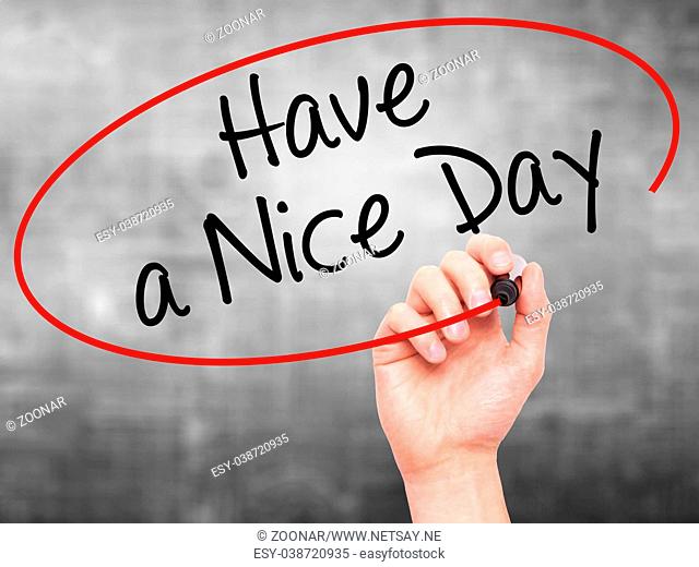 Man Hand writing Have a Nice Day with black marker on visual screen