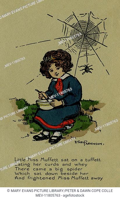 Traditional nursey rhyme Little Miss Muffett. Artist Ethel Parkinson