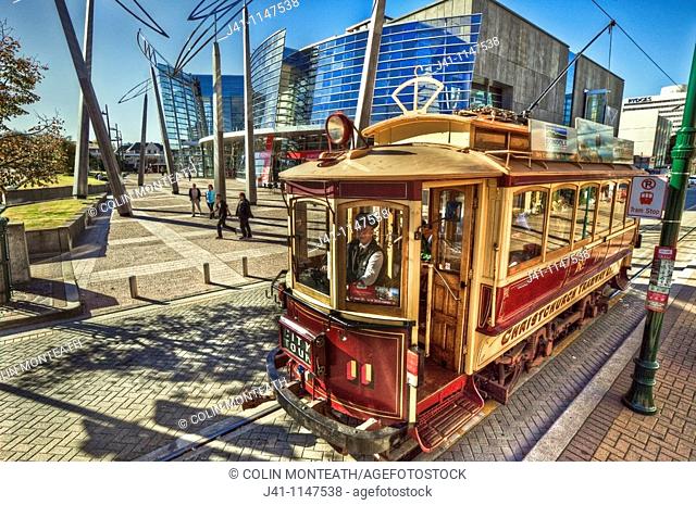 City tram tour in front of Art Gallery, Christchurch, Canterbury, New Zealand