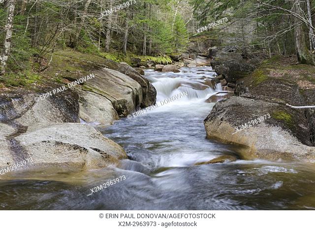 Cascade along the Pemigewasset River near the Flume Visitor Center in Franconia Notch State Park of Lincoln, New Hampshire during the spring months