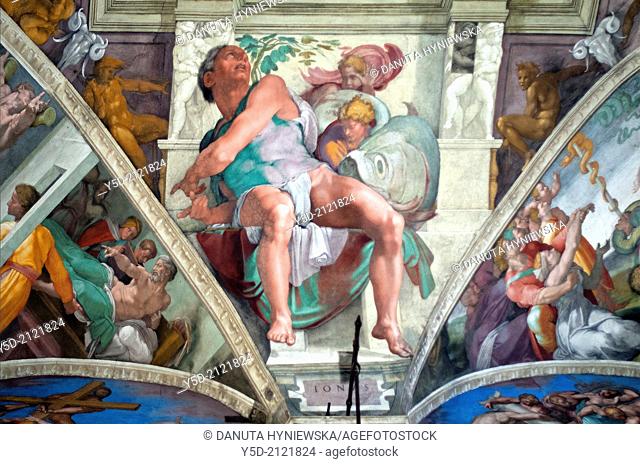 Michelangelo's frescoes of Seven Prophets, Jonah IONAS, above the altar showing Last Judgement, Sistine Chapel, Vatican Museum, Rome, Italy