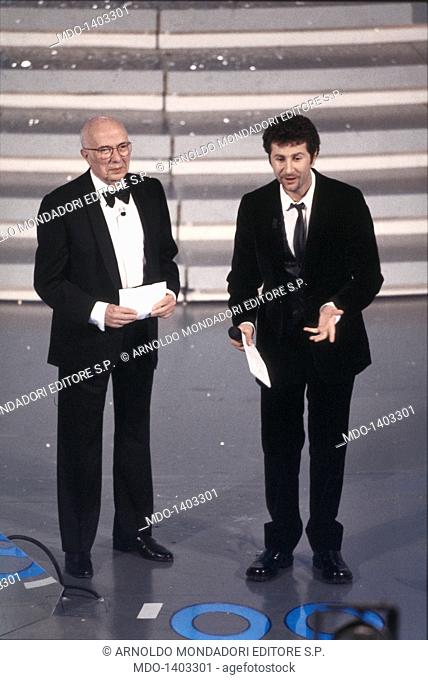 Renato Dulbecco with Fabio Fazio at the Sanremo Music Festival 1999. Renato Dulbecco, Nobel Prize in Physiology or Medicine with Fabio Fazio