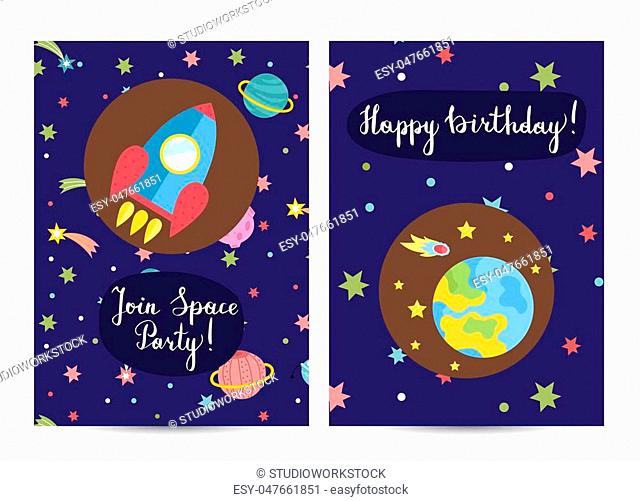 Happy birthday cartoon greeting card on space theme. Rocket flying through cosmos, planet Earth surrounded stars and comet on blue background vector