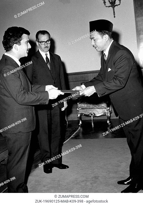 Jan 25, 1969; Amman, Jordan; The Indonesian ambassador to Jordan Mr. AMIN EDDEEN AZIZ (R) presenting his credentials at Raghadan Palace to his Royal Highness...