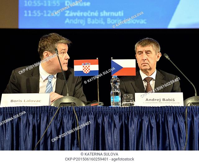Croatian Finance Minister Boris Lalovac, left, and his Czech counterpart Andrej Babis attend the ""Conference on electronic registration of sales"" in Prague