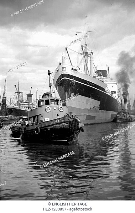 `Persic', flanked by a steam tug, being guided up Woolwich Reach, London, c1945-c1965. In the foreground is the fishing vessel 'Platina'