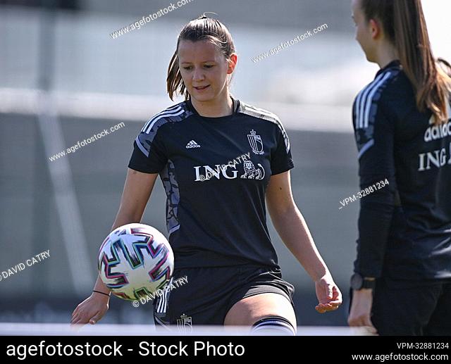 Belgium's Hannah Eurlings pictured in action during a training session of the Belgium's national women's soccer team the Red Flames