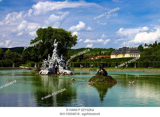 Baroque garden with fountains and Castle, Veitshoechheim near Wuerzburg, Lower Franconia, Bavaria, Germany