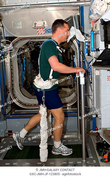 Russian cosmonaut Alexander Skvortsov, Expedition 23 flight engineer, equipped with a bungee harness, exercises on the Combined Operational Load Bearing...