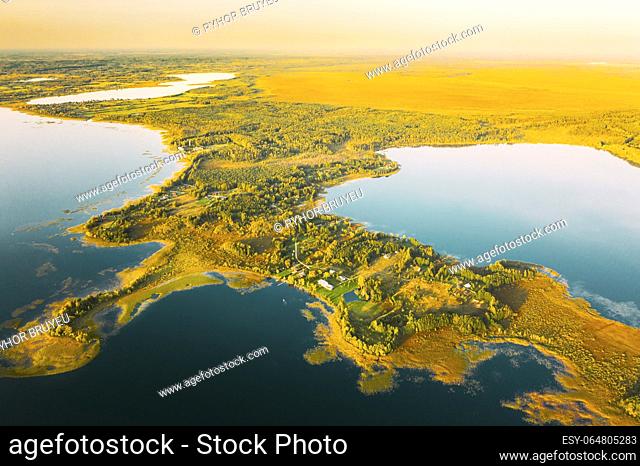 Braslaw District, Vitebsk Voblast, Belarus. Aerial View Of Lakes, Green Forest Landscape. Top View Of Beautiful European Nature From High Attitude