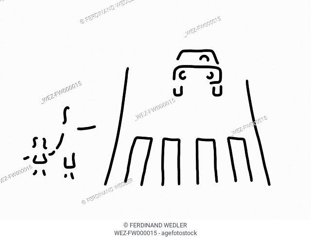 Zebra crossing for mother with child, car, black white illustration