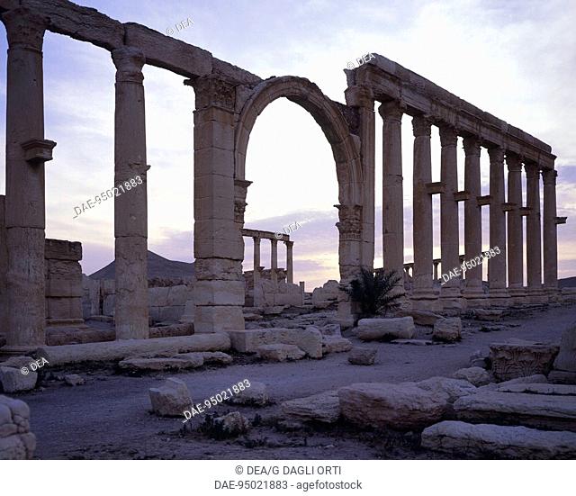 The great colonnaded street in front of the intersection of Tetrapylon in Palmyra (UNESCO World Heritage Site, 1980), Syria