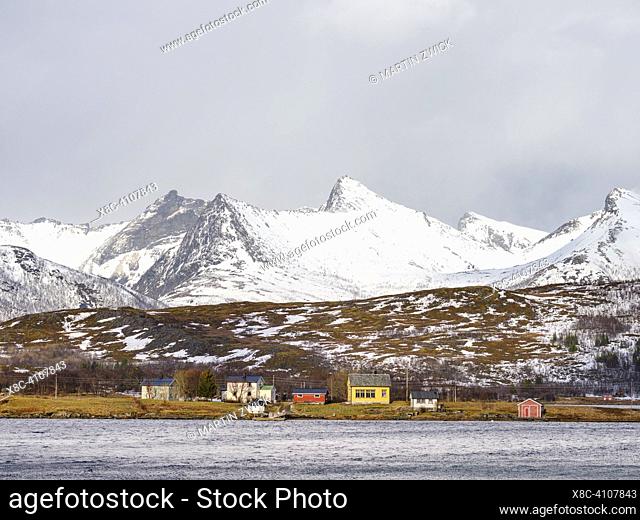 Landscape at Lavollsfjorden. The island Senja during winter in the north of Norway. Europe, Norway, Senja, March