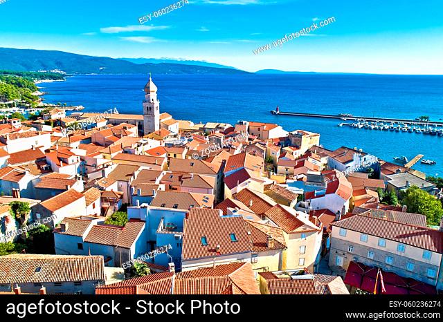 Historic Adriatic town of Krk aerial view, Island of Krk, Kvarner bay of Croatia