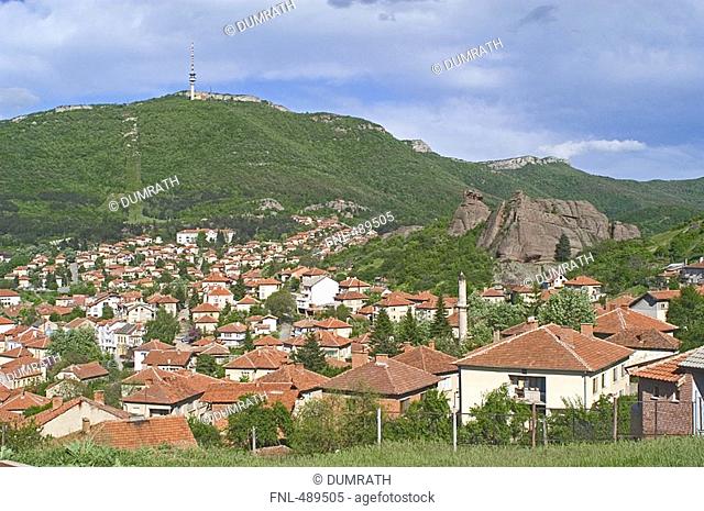 High angle view of town with communications tower in background, Belogradchik, Vidin, Romania