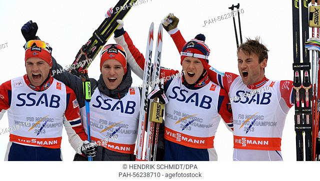 (L-R) Niklas Dyrhau, Didrik Toenseth, Anders Gloeersen and Petter Northug of Norway celebrate after winning the cross country men?s 4x10 km Relay competition at...