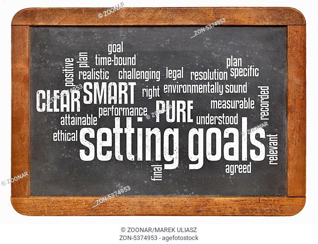 cloud of words or tags related to setting goals and SMART, PURE and CLEAR methods on a vintage slate blackboard isolated on white
