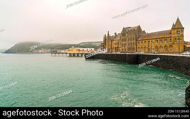 Aberystwyth, Ceredigion, Wales, UK - May 24, 2017: View over the Marine Terrace with Yr Hen Goleg (Aberystwyth University Old College) on the right