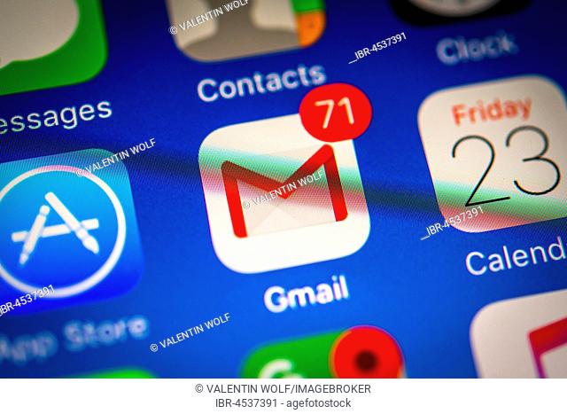 Gmail, Google Mail, Googlemail, Email, Icon, Logo, Display, Screen, iPhone, Many different app icons, app, cell phone, smartphone, iOS, macro shot, detail