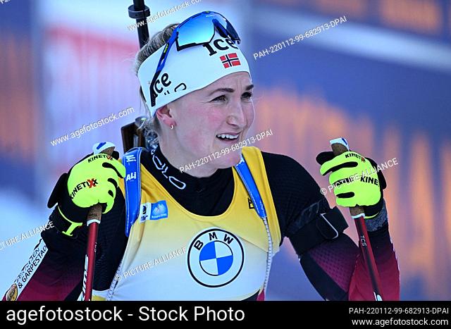 12 January 2022, Bavaria, Ruhpolding: Biathlon: World Cup, sprint 7.5 km, women. Marte Olsbu Röiseland from Norway in the finish