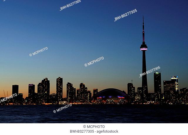 skyline of Toronto in the evening with CN Tower, Canada, Ontario, Toronto