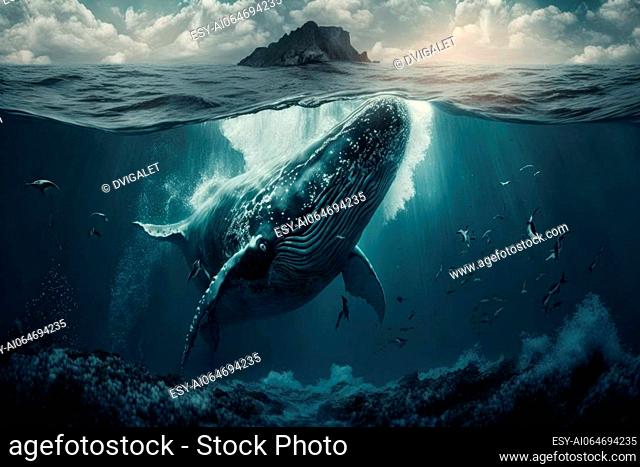 Whale swimming in the ocean. Underwater world