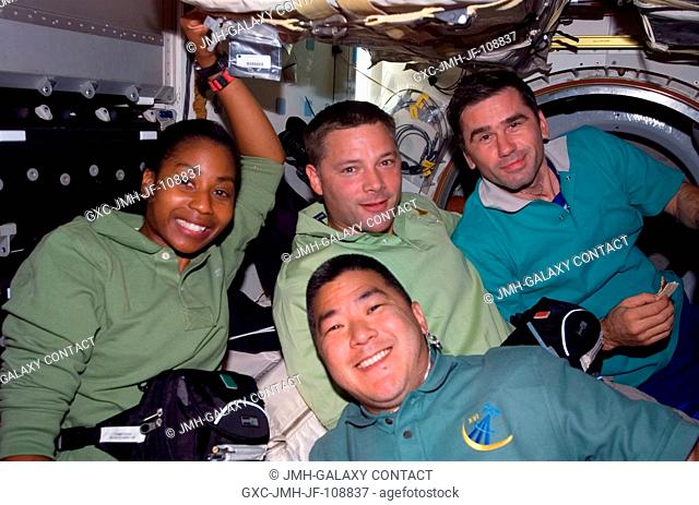 Astronauts Daniel Tani (bottom), Expedition 16 flight engineer; Stephanie Wilson and Doug Wheelock (center), both STS-120 mission specialists; and cosmonaut...