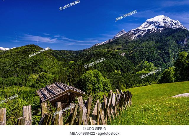 Germany, Bavaria, Upper Bavaria, Berchtesgadener Land (district), Ramsau near Berchtesgaden, View from Gerstreit in the Soleleitungsweg (trail) against Watzmann