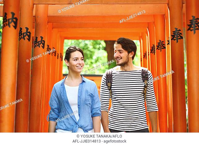 Caucasian couple enjoying sightseeing in Tokyo, Japan