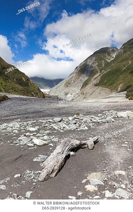 New Zealand, South Island, West Coast, Fox Glacier Village, Fox Glacier hikers along Fox River