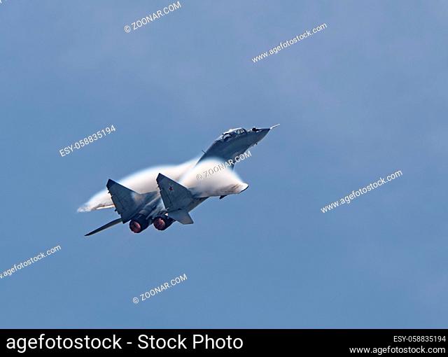 Moscow Russia Zhukovsky Airfield 31 August 2019: aerobatic MiG-29 perfoming demonstration flight of the international aerospace salon MAKS-2019