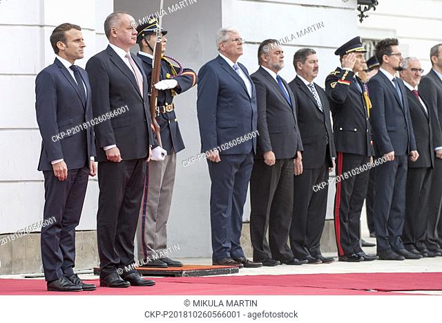 Slovakia President Andrej Kiska (2nd from left) welcomed French President Emmanuel Macron (left) in Bratislava, Slovakia, on October 26, 2018
