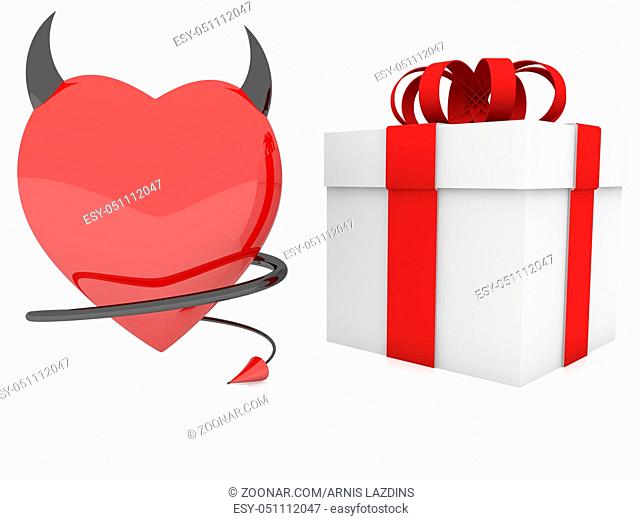 Devil red heart with horn and tail near gift box