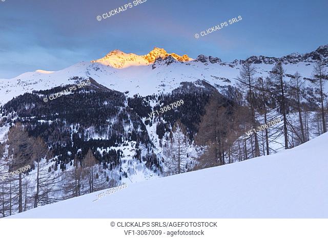 Pizzo Ferré and Pizzo dei Piani burning up at the first rays of sunrise, Spluga valley, Sondrio province, Lombardy, Italy, Europe